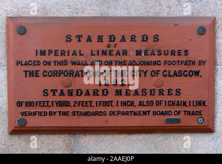 Standards of Imperial Linear Measures,Corporation of the city of Glasgow, 1882,plaque,George Square, Scotland, UK