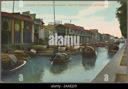 Illustrated postcard of sampan boats floating in a canal and Chinese-style houses located along the bank, in the European settlement at Shameen (Shamian), an island in the Liwan District of Guangzhou, Guangdong province, China, published by C. Piens, 1914. From the New York Public Library. () Stock Photo