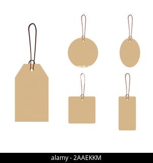 Set of blank gift box tags or sale shopping labels with rope. Brown kraft realistic material. Empty organic style stickers. Design isolated Stock Vector