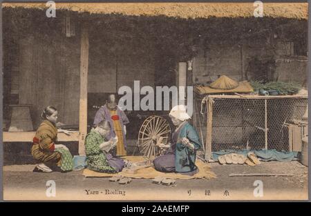 Illustrated postcard of a Japanese woman kneeling in front of a thatched roof house reeling yarn, surrounded by three young girls in traditional Japanese kimono, Japan, 1915. From the New York Public Library. () Stock Photo