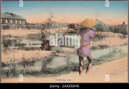 Illustrated postcard of tow Japanese farmers in straw hats fishing in fish ponds, one carrying a fishing basket on his shoulder, Japan, 1915. From the New York Public Library. () Stock Photo