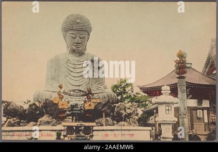 Illustrated postcard of a daibutsu, or a giant Buddha statue at Nofukuji Temple in Kobe, Hyogo Prefecture, Japan, 1912. From the New York Public Library. () Stock Photo