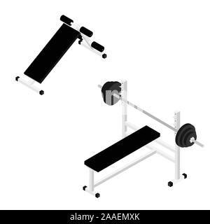 Adjustable gym bench and bench with barbell isolated on white background isometric view Stock Vector