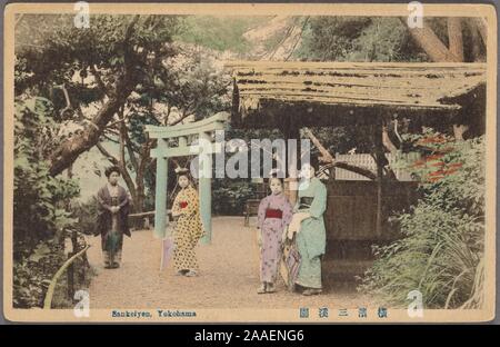 Illustrated postcard of a group of Japanese women wearing traditional Japanese kimono, out for a walk in Sankeiyen garden, also known as Sankei-en Gardens, Naka Ward, Yokohama, Japan, 1920. From the New York Public Library. () Stock Photo