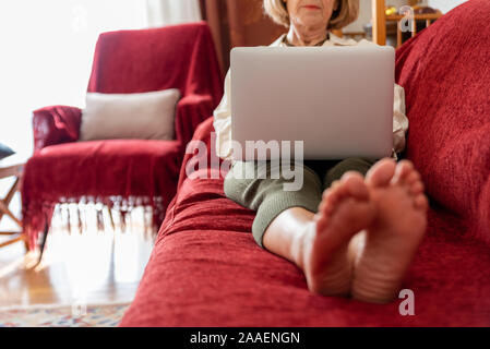 Elegant mature woman using computer at home Stock Photo