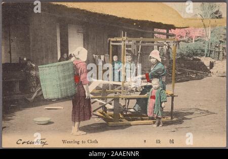 Illustrated postcard of a Japanese woman sitting behind a loom weaving, with a group of women looking on, in front of a thatched roof house, Japan, 1920. From the New York Public Library. () Stock Photo