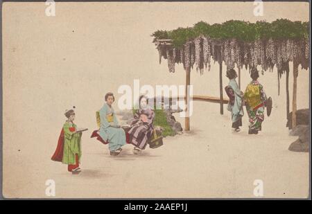 Illustrated postcard of a group of Japanese women in traditional clothing sitting on a bench and standing under a wisteria trellis, Japan, published by Kanamaru, 1920. From the New York Public Library. () Stock Photo