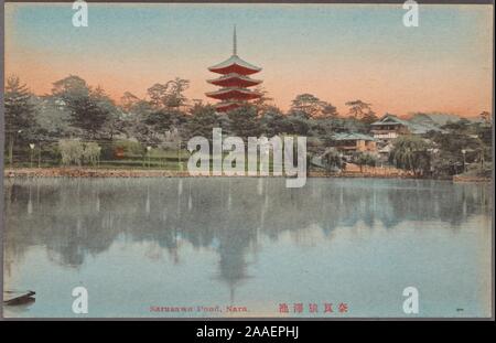 Illustrated postcard of Sarusawa Pond in Nara Park, with a view of the five-storied pagoda of Kofuku-ji Temple, Nara, Kansai Region, Japan, 1905. From the New York Public Library. () Stock Photo