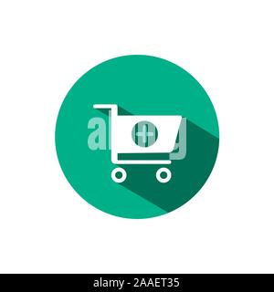 Shopping pharmacy cart icon with shadow on a green circle. Flat color vector pharmacy illustration Stock Vector