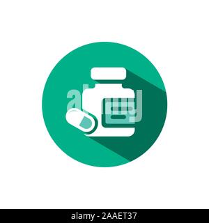 Medicine pills and capsules bottle icon with shadow on a green circle. Flat color vector pharmacy illustration Stock Vector