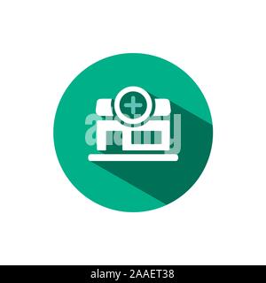 Pharmacy shop icon with shadow on a green circle. Flat color vector pharmacy illustration Stock Vector
