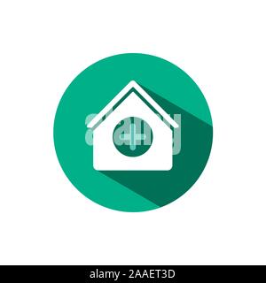 House kit icon with shadow on a green circle. Flat color vector pharmacy illustration Stock Vector