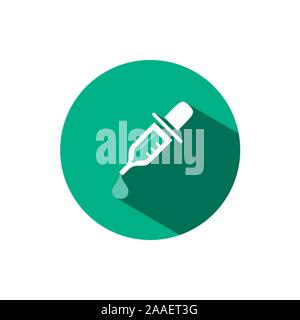 Dropper pipette icon with shadow on a green circle. Flat color vector pharmacy illustration Stock Vector