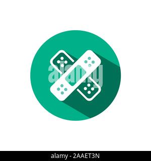 Adhesive bandage icon. Skin medical plaster with shadow on a green circle. Flat color vector pharmacy illustration Stock Vector