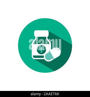 Capsules bottle icon with shadow on a green circle. Flat color vector pharmacy illustration Stock Vector