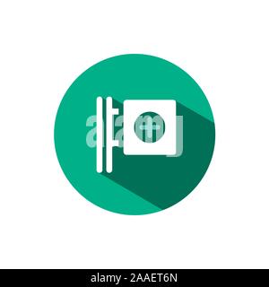 Cross pharmacy sign icon with shadow on a green circle. Flat color vector pharmacy illustration Stock Vector