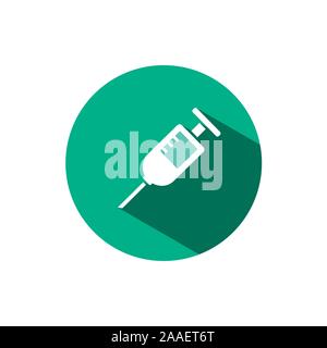 Syringe icon with shadow on a green circle. Flat color vector pharmacy illustration Stock Vector