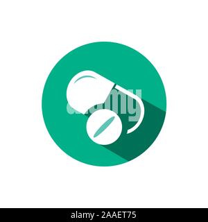 Pills icon with shadow on a green circle. Flat color vector pharmacy illustration Stock Vector