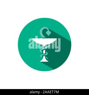 Pharmacy symbol chalice and snake icon with shadow on a green circle. Flat color vector pharmacy illustration Stock Vector