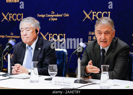 Tokyo, Japan, 21st Nov 2019. (L to R) Kazunori Saito Vice-president of the Japan Federation of Bar Associations and Mario Marazziti cofounder of the World Coalition Against the Death Penalty speak during a news conference at the Foreign Correspondents& Club of Japan on November 21, 2019, Tokyo, Japan. Marazziti, Saito and Shinji Oguma Secretary-general of All-Party Parliamentary Group to Discuss the Future of Capital Punishment in Japan came to the Club to talk about their efforts to abolish the death penalty in Japan in 2020; the year of the 2020 Tokyo Olympic and Paralympic Games. Credit: Af Stock Photo