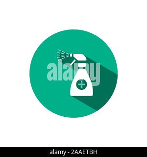 Sanitizer spray icon with shadow on a green circle. Flat color vector pharmacy illustration Stock Vector