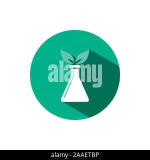 Conical flask icon with two leaves and shadow on a green circle. Flat color vector pharmacy illustration Stock Vector