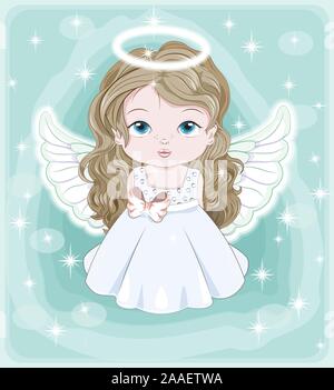 beautiful, charming little baby angel, in white dress. Picture in hand drawing cartoon cute style, for Christmas and New year. Holiday Greeting card. Stock Vector