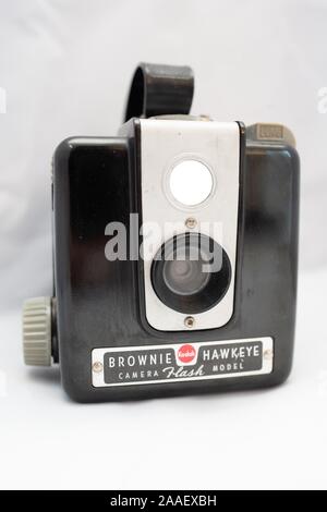 Close-up of Kodak Brownie Hawkeye Flash film camera, using the 120 format, with Bakelite plastic controls, ca 1950s, July 24, 2019. () Stock Photo