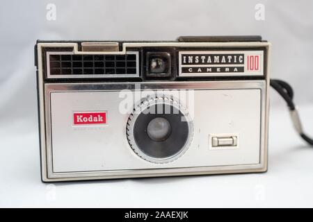 Close-up of Kodak Instamatic 100 film camera, ca 1965, using the 126 format, isolated on a white background, July 24, 2019. () Stock Photo