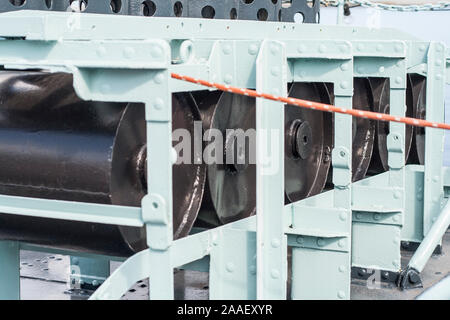 Depth charges on board of ORP Blyskawica (Lightning). Blyskwaica served in the Polish Navy during World War II is the oldest preserved destroyer in th Stock Photo