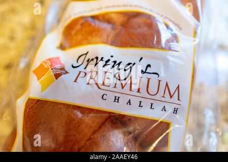 Close-up of Kosher challah bread, traditionally used in Judaism in the celebration of the weekly Shabbat or Sabbath holiday, produced by Irving's Premium Challah, a Kosher bakery in San Francisco, California, August 23, 2019. () Stock Photo