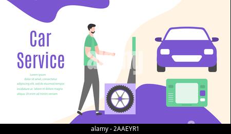 Car service vector illustration concept. Car, man, wheel, repair tools. Auto diagnostics center, automobile maintenance station. Tire service, sale of Stock Vector
