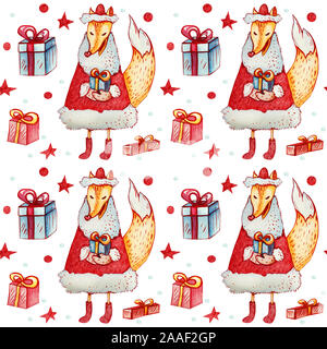 Seamless pattern with fox and gifts. Watercolor ornament with forest characters in red and blue colors on a white background. Christmas concept for wr Stock Photo