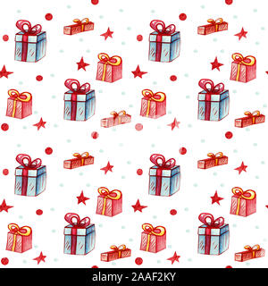 Seamless pattern with christmas gifts. Watercolor illustration with gift boxes with ribbons of red and blue with snowflakes and stars on a white backg Stock Photo