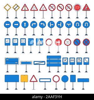 Vector mega set of cartoon road signs with outline. Hand-drawn traffic sign icons isolated on white background Stock Vector