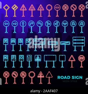 Vector mega set of doodle road signs in neon style. Hand-drawn traffic sign icons isolated on dark city landscape background Stock Vector
