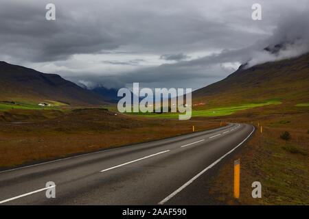 Highway through Iceland landscape at overcast day. Horizontal shot ...