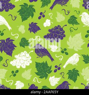 Vector green grape vine illustration with spaced out leaves and bird hand drawn repeat pattern. Perfect for fabric, scrapbooking and wallpaper Stock Vector