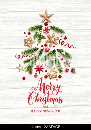 Pine tree branches, gingerbreads and stars Stock Vector