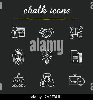 Business icons set.  Teamwork, company hierarchy and work management. Presentation with graph, signed contract and handshake illustrations. Business i Stock Vector