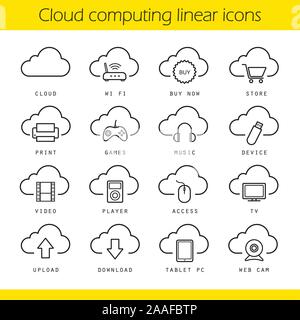 Cloud computing linear icons set. Buy now, download, upload and print icons. Music, video and tv symbols. Cloud computing thin line concepts. Cloud te Stock Vector