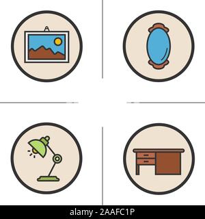 Furniture color icons set. Modern house interior items. Framed picture and wall mirror. Office table and desk lamp. Vector isolated illustrations Stock Vector