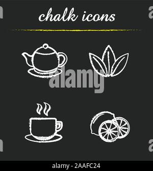 Tea chalk icons set. Teapot, tea leaves, steaming cup and lemon slices. White illustrations on blackboard. Vector chalkboard tea logo concepts Stock Vector