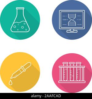 Laboratory equipment flat linear long shadow icons set. Lab flask and pipette. Test tubes rack and dna strand research formula. Vector Stock Vector