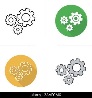 Cogwheels icon. Flat design, linear and color styles. Machine spinning elements. Gears isolated vector illustrations Stock Vector