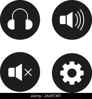 Music player interface black icons set. Headphones, mute on, mute off and settings symbols. Smartphone interface icons. White silhouettes illustration Stock Vector