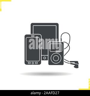 Electronics gadgets icon. Drop shadow smartphone, tablet pc and mp3 player with earphones silhouette symbol. Multimedia electronic devices. Electronic Stock Vector