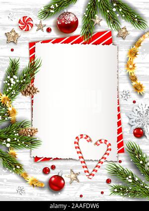 Illustration with pine, balls, candy cane, stars Stock Vector