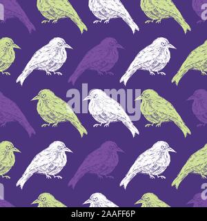 Vector purple seamless pattern with rows of hand drawn cute fat birds. Beautiful animal design elements. Perfect for prints and patterns. Stock Vector