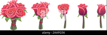 Beautiful set red roses bouquets isolated on white background. Valentine gift Sticker pack. Big, small and single flowers. Wedding floral collection. Vector illustration. Love, romance design elements Stock Vector